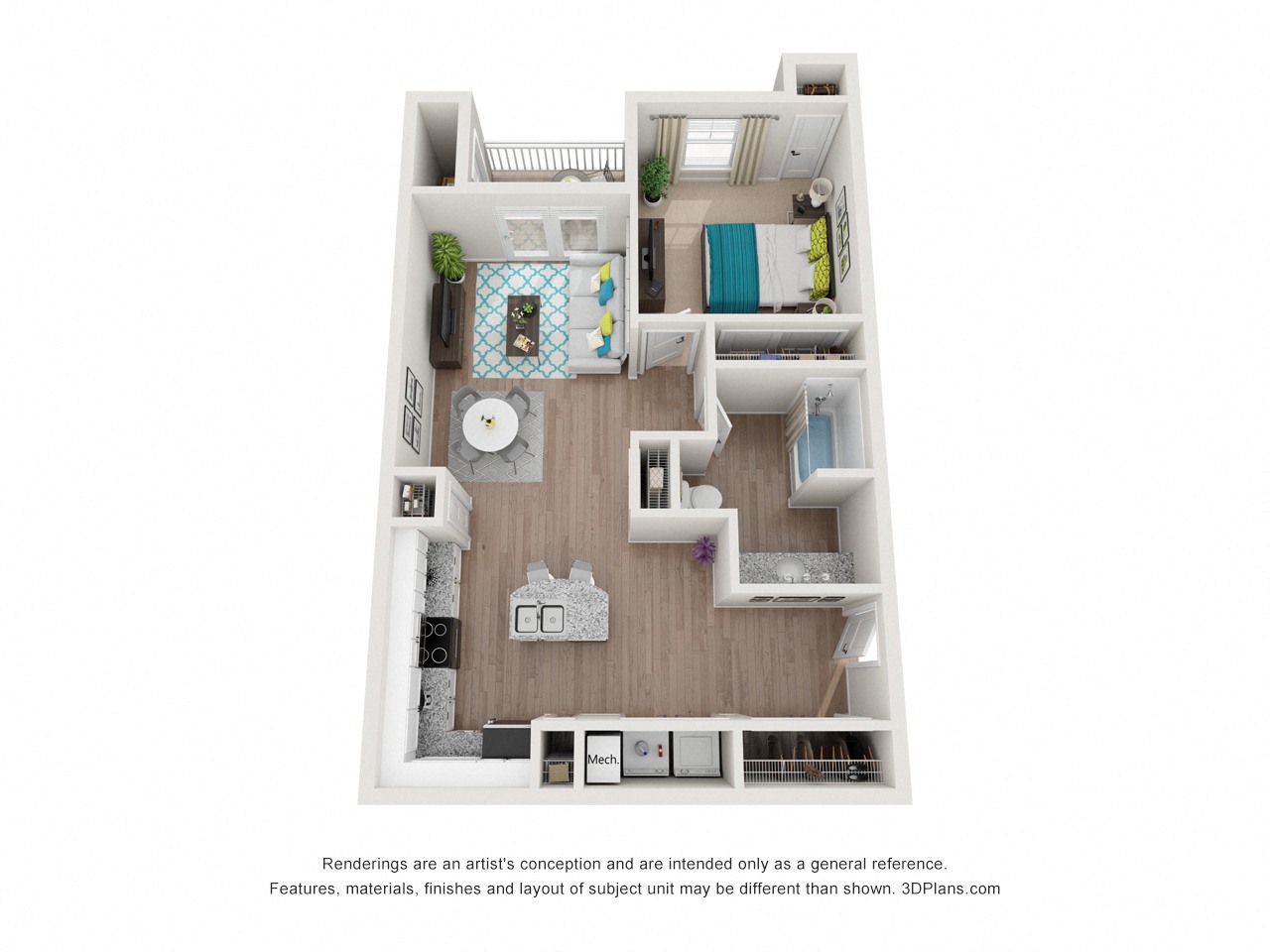 Floor plan for 1 bed, 1 bath, 665 sqft